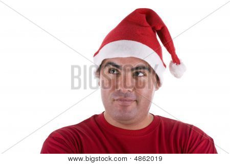 Man Wearing Red Santa Hat With Full Of Thoughts Expression