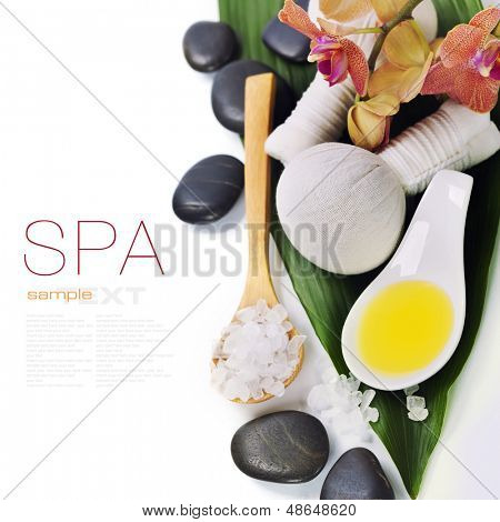 Spa-Konzept (Zen Steine, Meersalz, Orchidee Blume, essencial Öl, Herbal Massage Bälle & Handtuch)-ove