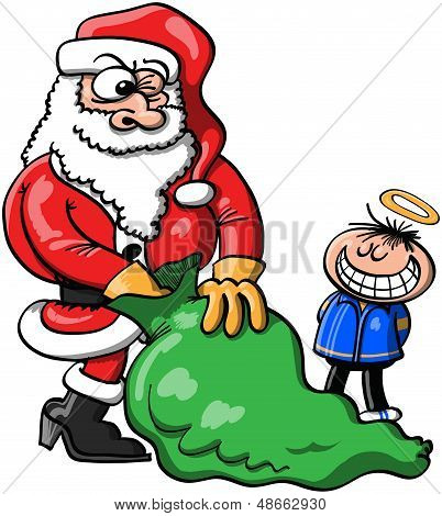 Santa Claus vybrat vánoční dárek pro chlapce, který předstírá, že dobrý