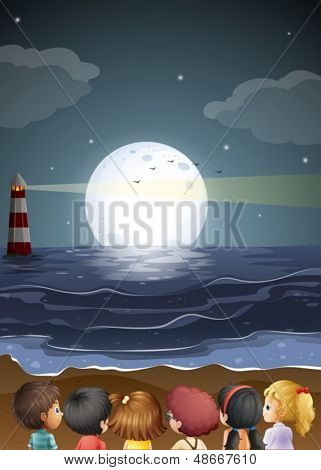 해변에서 풀 문 보고 아이의 그림