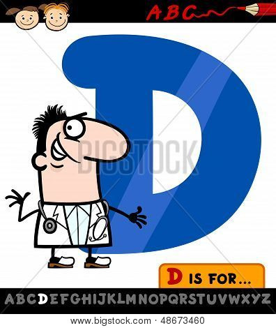 Letra D con la ilustración de dibujos animados Doctor