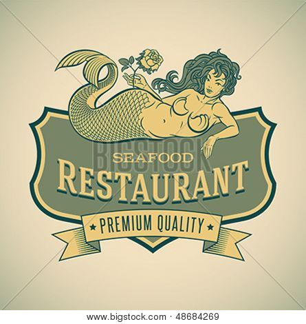 Retro-styled seafood restaurant label including an image of mermaid. Editable vector.