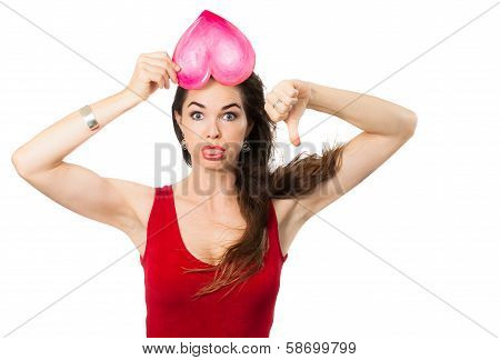 Unhappy Sad Woman Holding Red Love Heart.