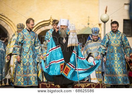 TIKHVIN, RUSSIA - JULY 9, 2014: Bishop Tikhvin and Lodeinopolskiy Mstislav celebrate Orthodox divine Liturgy on occasion celebrations of 10th anniversary of return of Tikhvin icon of the Mother of God