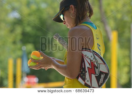 MOSCOW, RUSSIA - JULY 16, 2014: Samantha Barijan of Brazil on the training before the ITF Beach Tennis World Team Championship. Russia hosts the championship for the third time