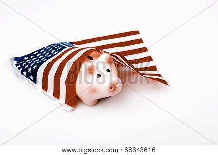 Pig Money Box And Usa Flag