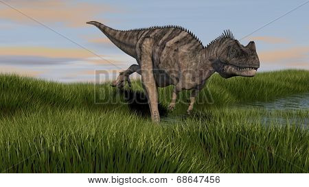 ceratosaurus running across grass plane
