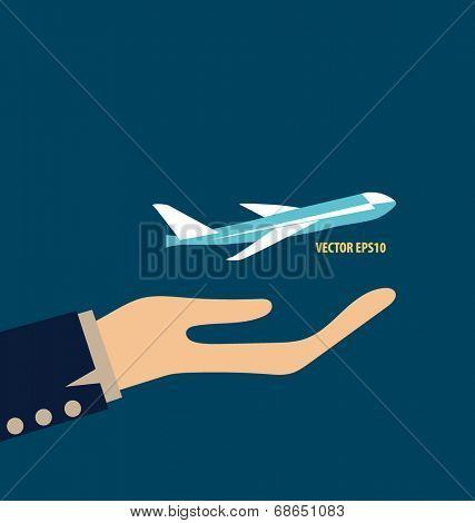 Hands holding plane. Vector illustration.