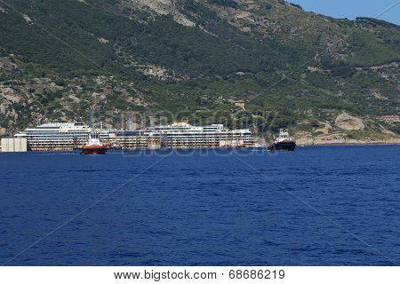 Giglio Island, Italy - July 19, 2014: Front View Of The Wreck Of Costa Concordia On July 19, 2014 In