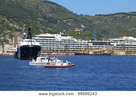 Giglio Island, Italy - July 19, 2014: Front View Of The Wreck Of Costa Concordia On July 19, 2014 In