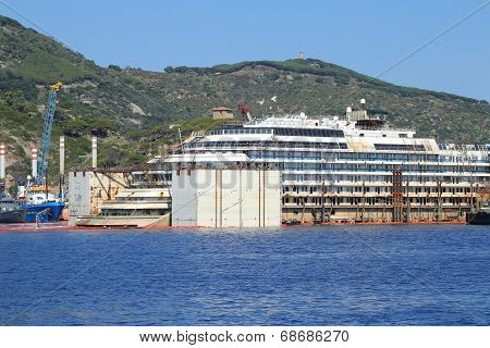 Giglio Island, Italy - July 19, 2014: Front View Of The Wreck Of Costa Concordia On July 19, 2014 In