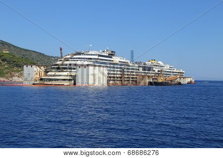 Giglio Island, Italy - July 19, 2014: Front View Of The Wreck Of Costa Concordia On July 19, 2014 In