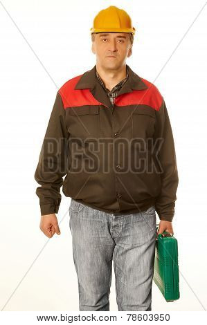 Worker In Protective Orange Helmet With A Green Suitcase