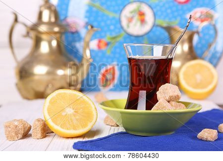 Turkish Tea With Cane Sugar And Lemon