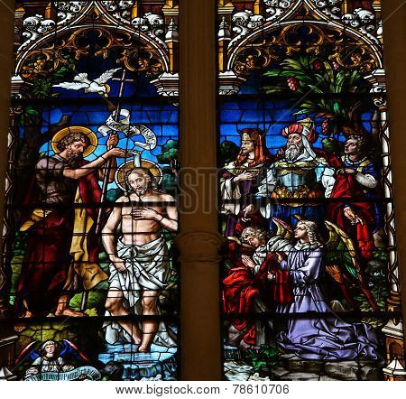Baptism Of Jesus By Saint John - Stained Glass In Burgos Cathedral