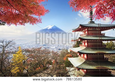 Image Of The Sacred Mountain Of Fuji In The Background Of Blue Sky At Japan