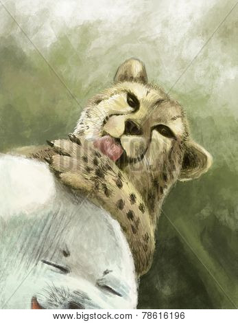 cheetah huntingfunny drawing of cheetah teasing its pray the white fat seal. digital illustration showing bad time situation for the seal.