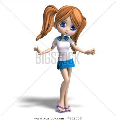 sevimli küçük karikatür Okulu Kız pigtails