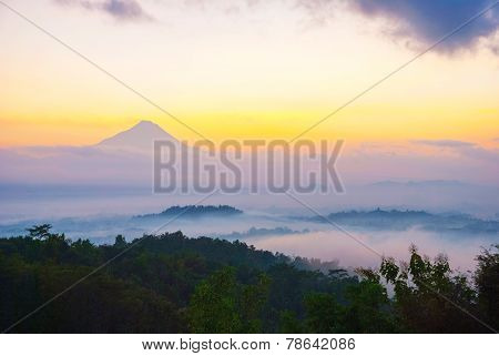 Sunrise Over Merapi Volcano And Borobudur Temple, Indonesia