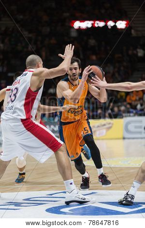 VALENCIA, SPAIN - DECEMBER 5: Ribas with ball during Euroleague match between Valencia Basket Club and Crvena Zvezda Telekom Belgrade at Fonteta Stadium on Dicember 5, 2014 in Valencia, Spain