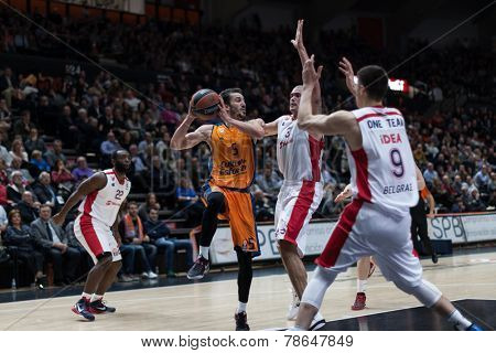 VALENCIA, SPAIN - DECEMBER 5: Ribas with ball during Euroleague match between Valencia Basket Club and Crvena Zvezda Telekom Belgrade at Fonteta Stadium on Dicember 5, 2014 in Valencia, Spain