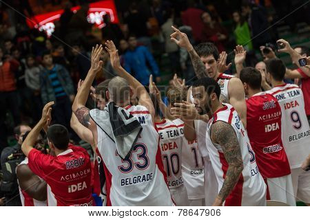 VALENCIA, SPAIN - DECEMBER 5: Crvena Zvezda players during Euroleague match between Valencia Basket Club and Crvena Zvezda Telekom Belgrade at Fonteta Stadium on Dicember 5, 2014 in Valencia, Spain