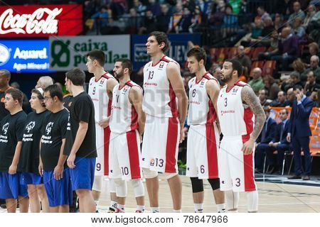 VALENCIA, SPAIN - DECEMBER 5: Crvena Zvezda players during Euroleague match between Valencia Basket Club and Crvena Zvezda Telekom Belgrade at Fonteta Stadium on Dicember 5, 2014 in Valencia, Spain