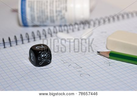Study Place With Painkillers In Background And Skull Dice