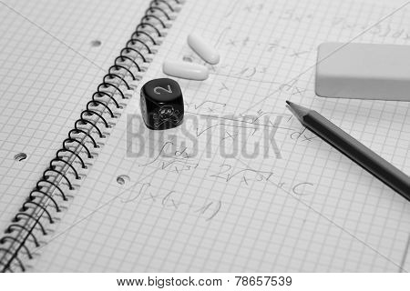 Study Place With Painkillers In Background And Skull Dice