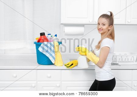 Cleaning service, woman with detergent