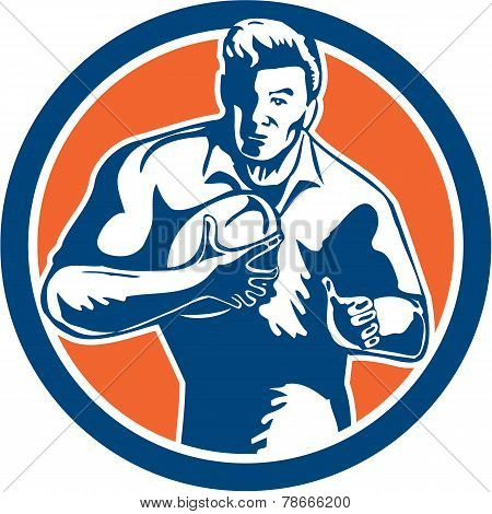 Rugby Player Running Attacking Circle Retro