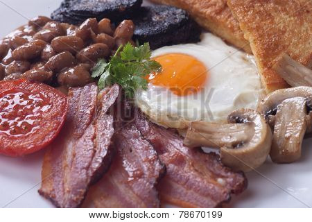 Full english breakfast with fried egg, bacon, mushrooms, sausage and black pudding
