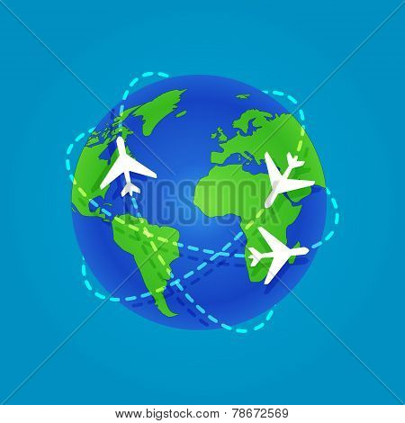 Three Airplanes flying around a globe