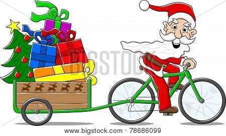 Santa Claus On Bicycle Delivering Christmas Gifts