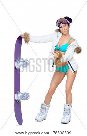 Sexy dressed woman with snowboard