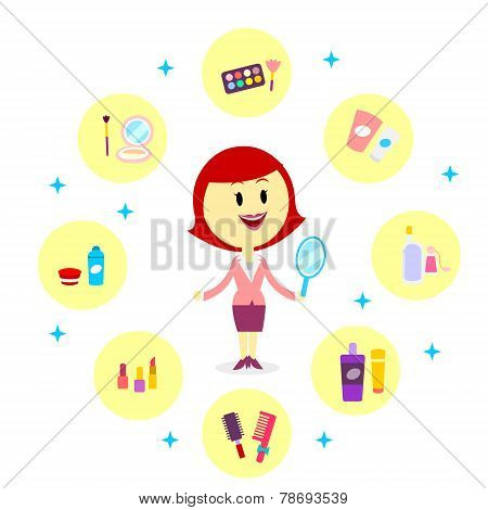 A Woman with Variety of Cosmetic Products