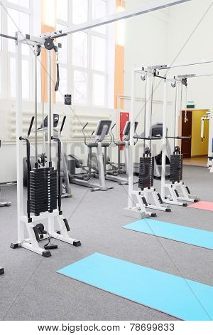 Gym centre interior. Equipment, gym apparatus. 