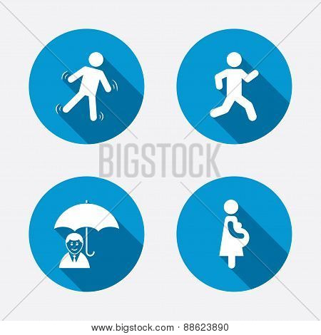 Businessman with umbrella. Human running symbol.