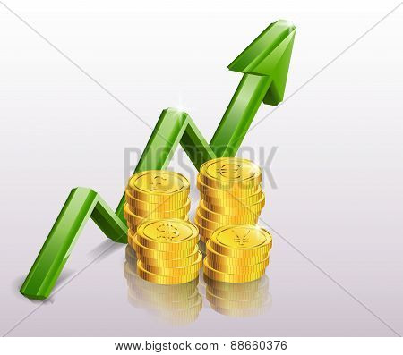 Gold coin with arrow of money