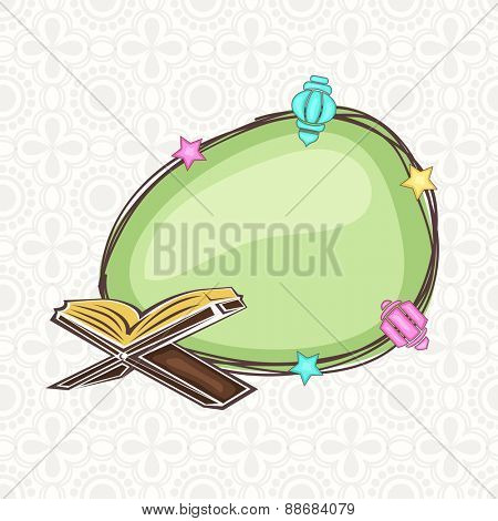 Open islamic holy book Quran Shareef with a green blank frame for muslim community festival, Ramadan Kareem celebration.