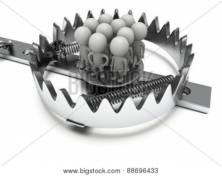 Metal animal trap with people isolated on white