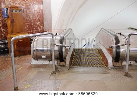 MOSCOW, RUSSIA  -  APRIL 12, 2015: Sokolnicheskaya line - the first line of the Moscow metro. Station of the Moscow metro station Krasnye Vorota escalator 