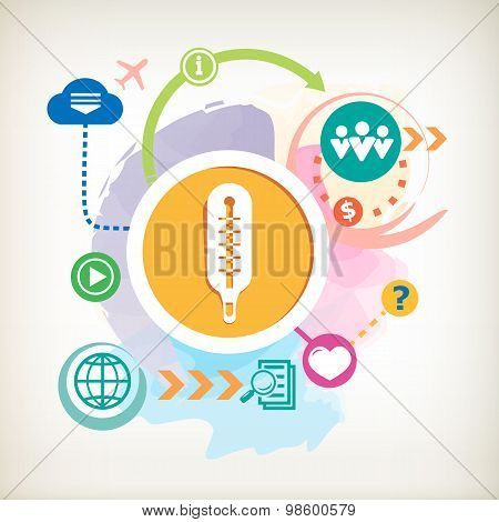 Thermometer Indicates And People On Abstract Colorful Watercolor Background