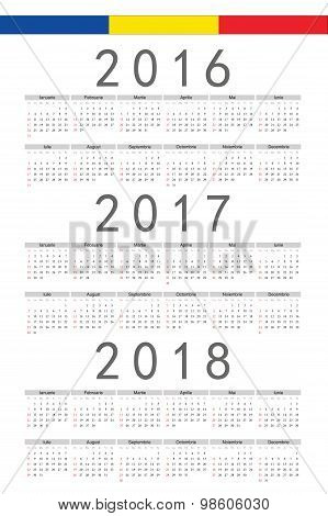 Set Of Rectangle Romanian 2016, 2017, 2018 Year Vector Calendars