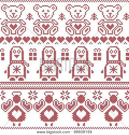 Scandinavian vintage Christmas  Nordic seamless pattern with penguin, angel, teddy bear, xmas gifts,