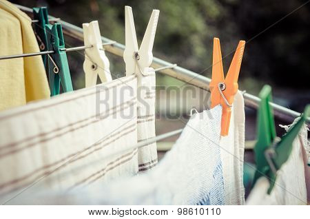 Laundry Pins And Hanged Clothes