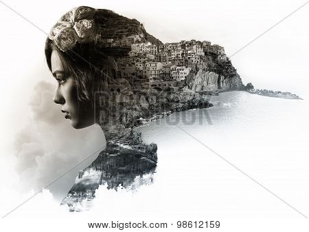 Double Exposure Portrait Of A Woman And View Of Manarola. La Spezia, Liguria, Northern Italy
