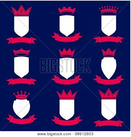 Collection of empire design elements. Heraldic royal coronet illustration. Set of vector shields