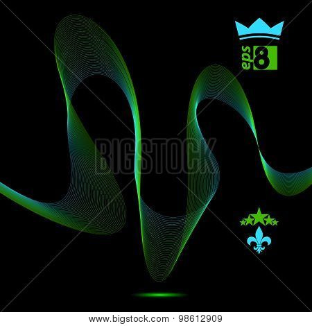 Three-dimensional motif elegant flowing curves, dark background in motion with five stars emblem