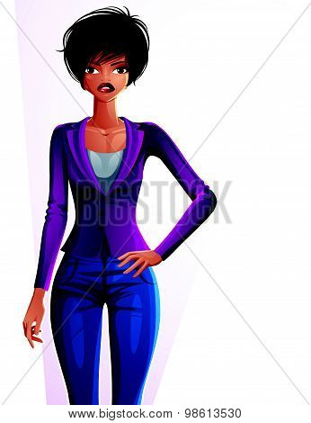 Beautiful businesswoman holding her hands on a waist. Coquette lady illustration, full body portrait